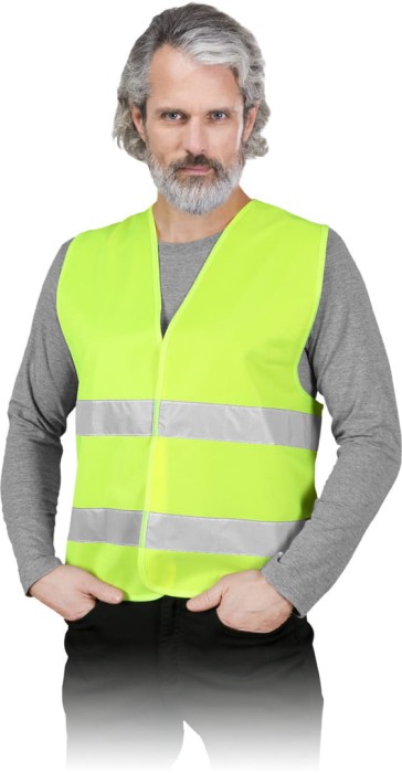 Kamizelka ostrzegawcza z dwoma poziomymi pasami odblaskowymi żółta