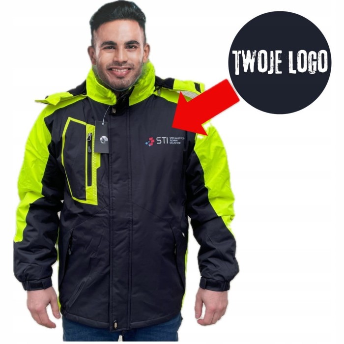 KURTKA ZIMOWA MĘSKA z LOGO TWOJEJ FIRMY na polarze + Kaptur ODBLASKI M