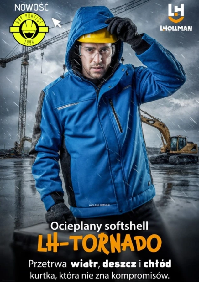 Kurtka ocieplana męska 3 warstwowy SOFTSHELL kaptur odblaski TORNADO NB