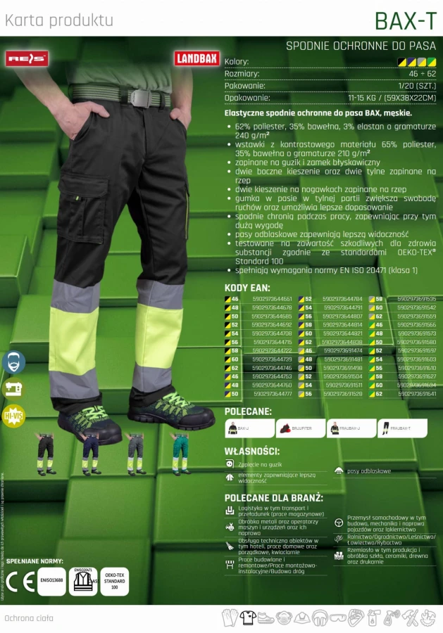 Elastyczne spodnie męskie robocze do pasa ochronne odblaski BAX-T SY
