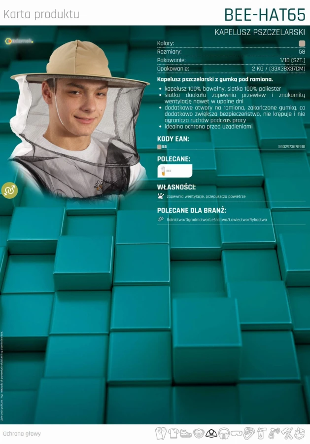Kapelusz pszczelarski ochronny z siatką i gumką pod ramiona BEE-HAT65 BE