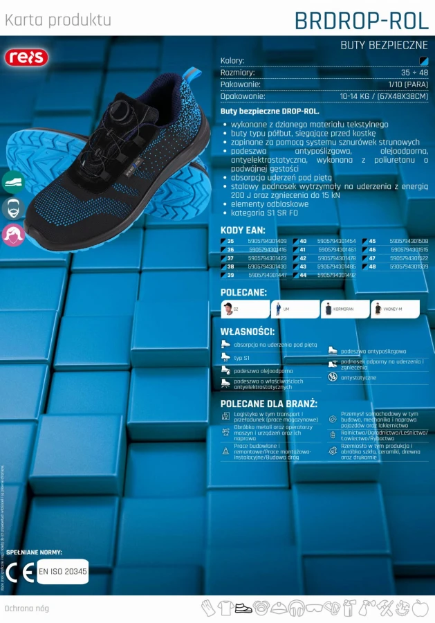 Buty robocze z podnoskiem Lekkie ANTYPOŚLIZGOWA PODESZWA S1 SR FO BRDROP-ROL