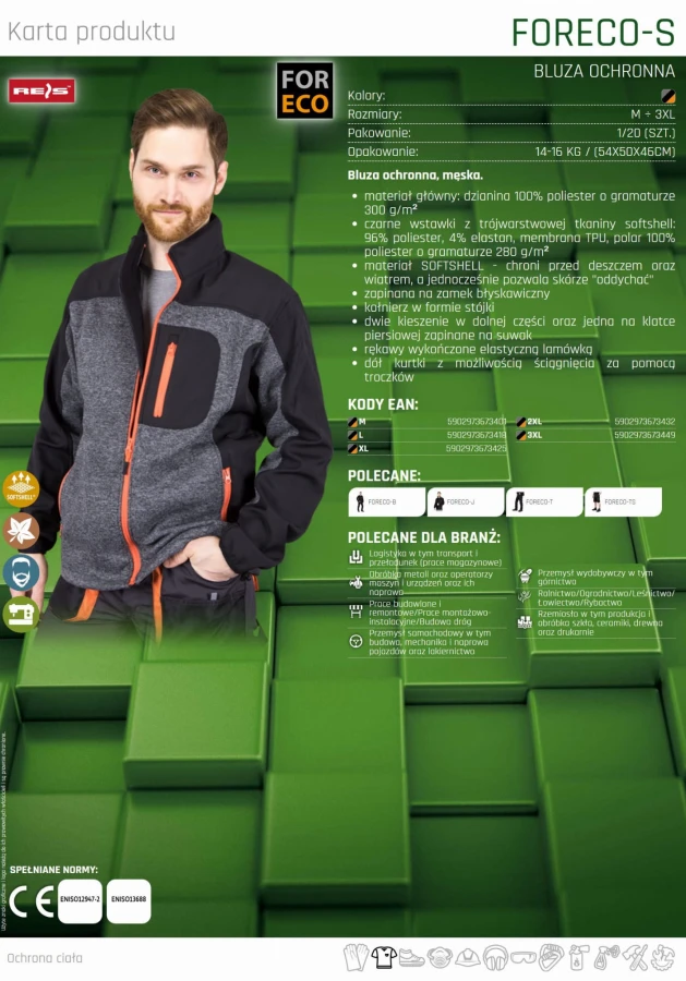 BLUZA MESKA ROBOCZA kurtka ochronna rozpinana SOFTSHELL FORECO-S