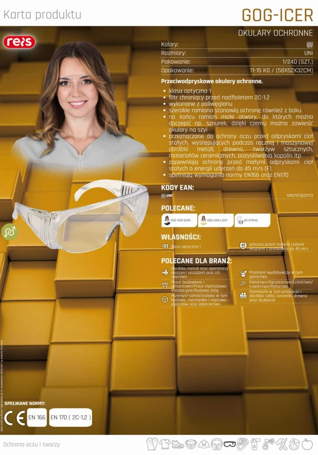 Okulary GOGLE ochronne przeciwodpryskowe transparentne GOG-ICER-T