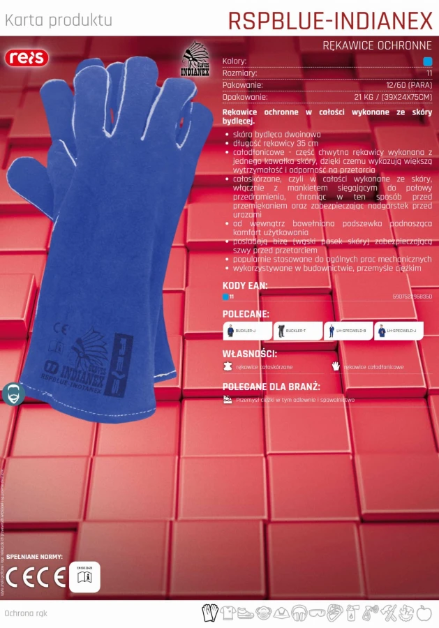 Rękawice ROBOCZE TRUDNOPALNE ze skóry bydlęcej BLUE-INDIANEX r. 11 - XXL