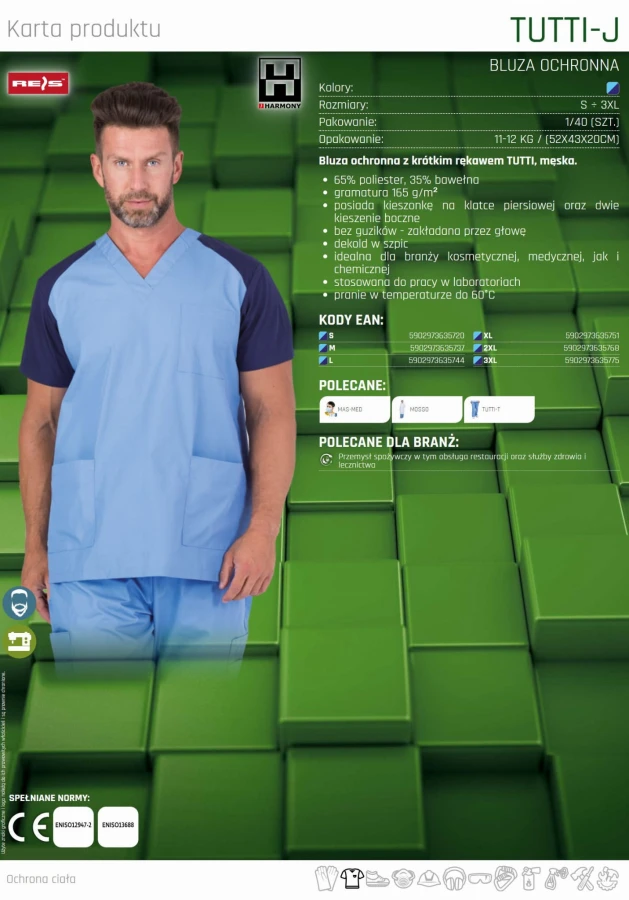 Bluza medyczna koszula męska ochronna z krótkim rękawem TUTTI-J JNG