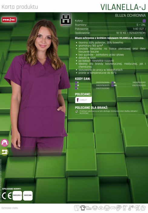 BLUZA DAMSKA kosmetyczna medyczna z krótkim rekawem VILANELLA-J