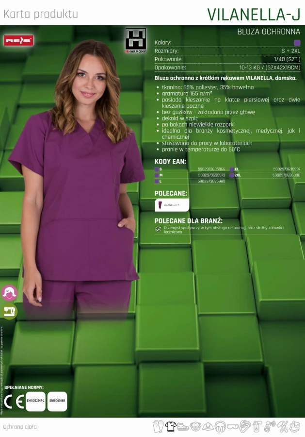 BLUZA DAMSKA kosmetyczna medyczna z krótkim rekawem VILANELLA-J