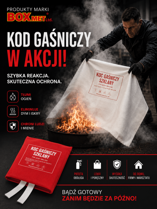 Koc gaśniczy Boxmet włókno szklane 120x180 cm 2 kg uchwyt naścienny