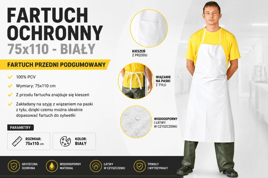 Fartuch ochronny przedni wiązany wzmocniony poliestrem - 75x110 - BIAŁY