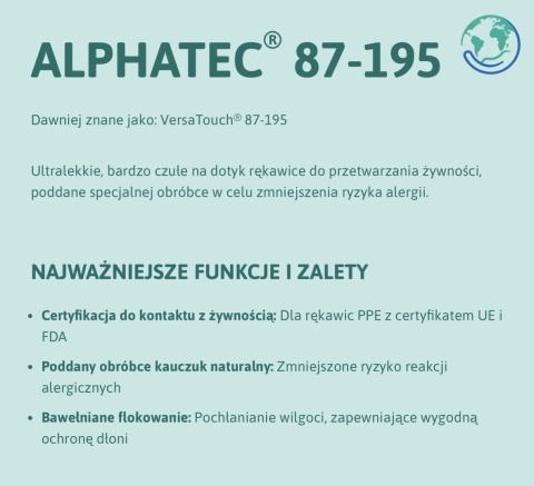 Rękawice robocze LATEKSOWE Gumowe flokowane UNIWERSALNE długie ANSELL AlphaTec® 87-195 Rękawice robocze LATEKSOWE Gumowe flokowane UNIWERSALNE długie ANSELL AlphaTec® 87-195